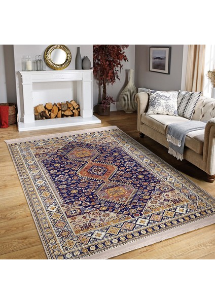 Lacivert Zeminde Uşak Motifli Kilim Desenli Avangarde Vintage Dijital Baskılı Makinede Yıkanabilir Kaymaz Taban Saçaklı Halı indirimleri