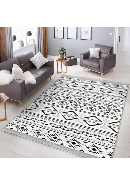 Beyaz Zeminde Bohem Motifli Tribal Desenli Etnik Motifler Klasik Dijital Baskılı Makinede Yıkanabilir Kaymaz Taban Saçaklı Halı indirimleri