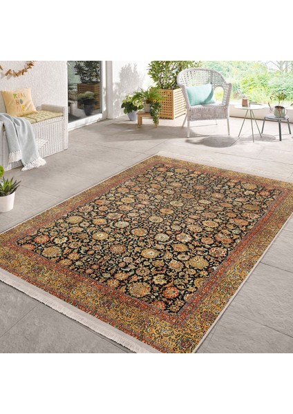 Sarı Zeminde Uşak Motifli Kilim Desenli Etnik Motifler Vintage Dijital Baskılı Makinede Yıkanabilir Kaymaz Taban Saçaklı Halı