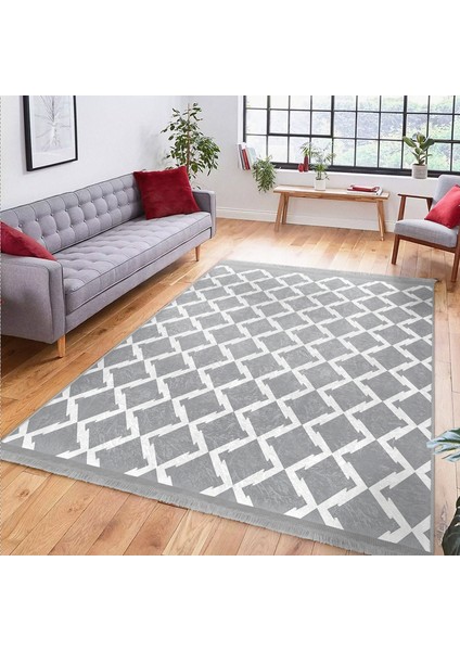 Gri - Beyaz Zeminde Geometrik Motifli Baklava Desenli Geometrik Koridor & Antre Banyo Dijital Baskılı Makinede Yıkanabilir Kaymaz Taban Saçaklı Halı