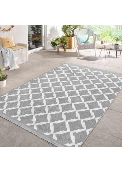Gri - Beyaz Zeminde Geometrik Motifli Baklava Desenli Geometrik Koridor & Antre Banyo Dijital Baskılı Makinede Yıkanabilir Kaymaz Taban Saçaklı Halı fiyatları