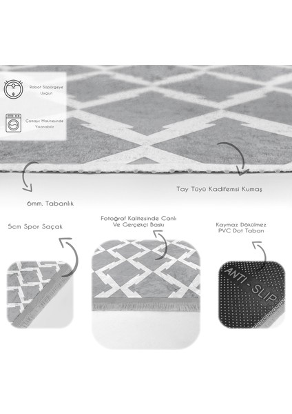 Gri - Beyaz Zeminde Geometrik Motifli Baklava Desenli Geometrik Koridor & Antre Banyo Dijital Baskılı Makinede Yıkanabilir Kaymaz Taban Saçaklı Halı fırsatları