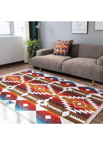 Kırmızı Zeminde Antik Motifli Geometrik Desenli Geometrik Etnik Motifler Dijital Baskılı Makinede Yıkanabilir Kaymaz Taban Saçaklı Halı fiyatları