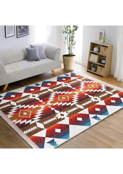 Kırmızı Zeminde Antik Motifli Geometrik Desenli Geometrik Etnik Motifler Dijital Baskılı Makinede Yıkanabilir Kaymaz Taban Saçaklı Halı modelleri