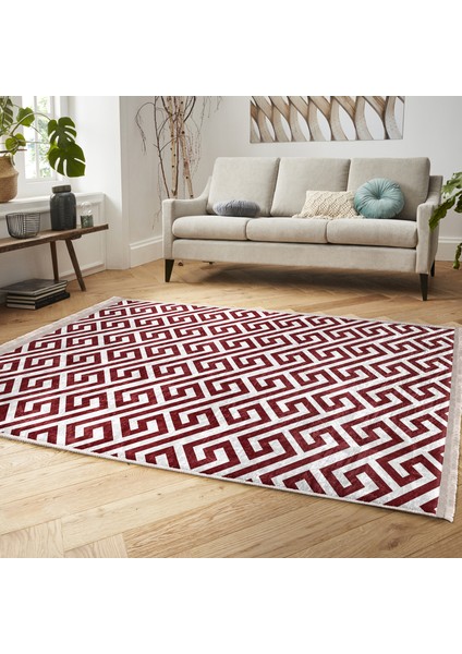 Bordo Zeminde Geometrik Motifli Mozaik Desenli Geometrik Koridor & Antre Ofis Dijital Baskılı Makinede Yıkanabilir Kaymaz Taban Saçaklı Halı fiyatları