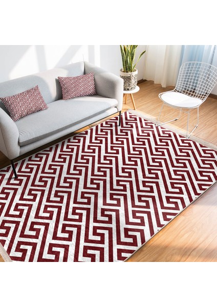 Bordo Zeminde Geometrik Motifli Mozaik Desenli Geometrik Koridor & Antre Ofis Dijital Baskılı Makinede Yıkanabilir Kaymaz Taban Saçaklı Halı modelleri