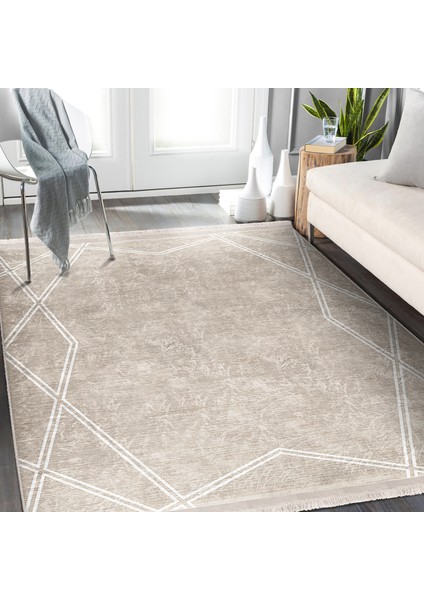 Krem - Beyaz Zeminde Çerçeveli Motifli Dokuma Desenli Geometrik Dijital Baskılı Makinede Yıkanabilir Kaymaz Taban Saçaklı Halı