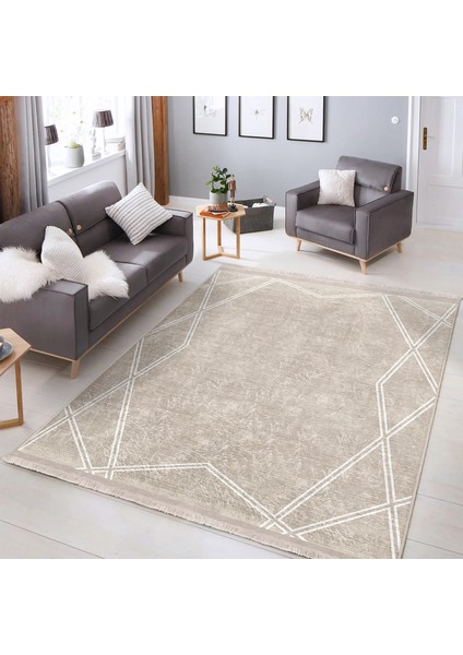 Krem - Beyaz Zeminde Çerçeveli Motifli Dokuma Desenli Geometrik Dijital Baskılı Makinede Yıkanabilir Kaymaz Taban Saçaklı Halı