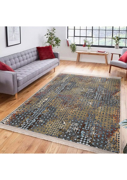 Otantik Zeminde Eskitme Motifli Antik Desenli Eskitme Motifli Geometrik Koridor & Antre Balkon Dijital Baskılı Makinede Yıkanabilir Kaymaz Taban Saçaklı Halı