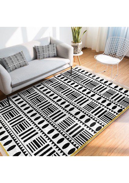 Hardal - Siyah Zeminde Iskandinav Motifli Geometrik Desenli Geometrik Etnik Motifler Ofis Salon & Oturma Odası Dijital Baskılı Makinede Yıkanabilir Kaymaz Taban Saçaklı Halı