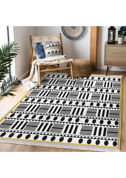 Hardal - Siyah Zeminde Iskandinav Motifli Geometrik Desenli Geometrik Etnik Motifler Ofis Salon & Oturma Odası Dijital Baskılı Makinede Yıkanabilir Kaymaz Taban Saçaklı Halı