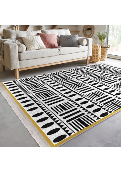 Hardal - Siyah Zeminde Iskandinav Motifli Geometrik Desenli Geometrik Etnik Motifler Ofis Salon & Oturma Odası Dijital Baskılı Makinede Yıkanabilir Kaymaz Taban Saçaklı Halı