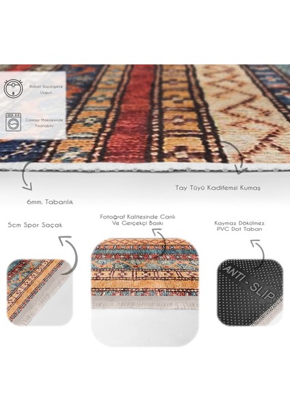 Etnik Zeminde Hereke Motifli Geleneksel Desenli Etnik Motifler Vintage Dijital Baskılı Makinede Yıkanabilir Kaymaz Taban Saçaklı Halı
