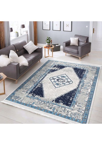 Lacivert Zeminde Eskitme Motifli Retro Desenli Vintage Eskitme Motifli Dijital Baskılı Makinede Yıkanabilir Kaymaz Taban Saçaklı Halı