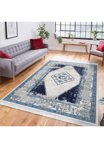 Lacivert Zeminde Eskitme Motifli Retro Desenli Vintage Eskitme Motifli Dijital Baskılı Makinede Yıkanabilir Kaymaz Taban Saçaklı Halı fiyatları