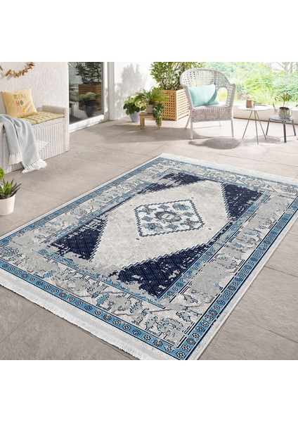 Lacivert Zeminde Eskitme Motifli Retro Desenli Vintage Eskitme Motifli Dijital Baskılı Makinede Yıkanabilir Kaymaz Taban Saçaklı Halı modelleri