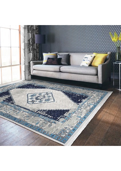 Lacivert Zeminde Eskitme Motifli Retro Desenli Vintage Eskitme Motifli Dijital Baskılı Makinede Yıkanabilir Kaymaz Taban Saçaklı Halı indirimleri