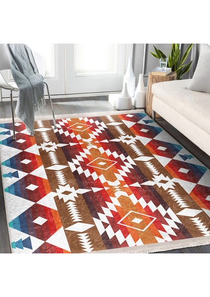 Kırmızı Zeminde Antik Motifli Geometrik Desenli Geometrik Etnik Motifler Dijital Baskılı Makinede Yıkanabilir Kaymaz Taban Saçaklı Halı indirimleri