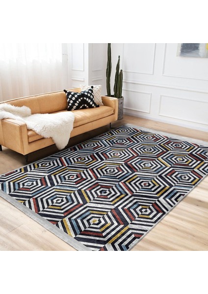 Altıgen Zeminde Geometrik Motifli Modern Sanat Desenli Geometrik Klasik Dijital Baskılı Makinede Yıkanabilir Kaymaz Taban Saçaklı Halı