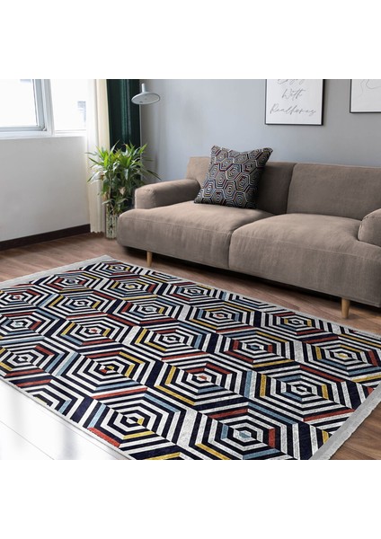Altıgen Zeminde Geometrik Motifli Modern Sanat Desenli Geometrik Klasik Dijital Baskılı Makinede Yıkanabilir Kaymaz Taban Saçaklı Halı fiyatları
