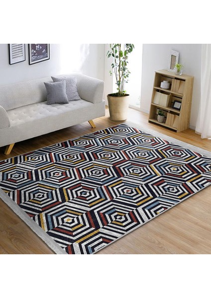 Altıgen Zeminde Geometrik Motifli Modern Sanat Desenli Geometrik Klasik Dijital Baskılı Makinede Yıkanabilir Kaymaz Taban Saçaklı Halı modelleri