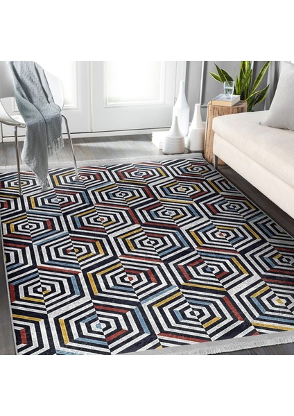 Altıgen Zeminde Geometrik Motifli Modern Sanat Desenli Geometrik Klasik Dijital Baskılı Makinede Yıkanabilir Kaymaz Taban Saçaklı Halı indirimleri