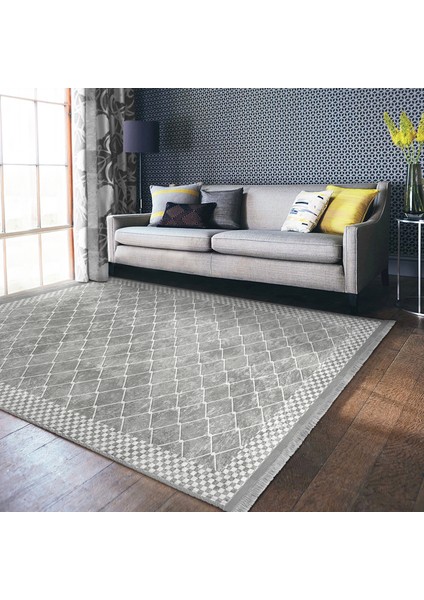 Gri - Beyaz Zeminde Çerçeveli Motifli Geometrik Desenli Geometrik Sade & Şık Salon & Oturma Odası Mutfak Dijital Baskılı Makinede Yıkanabilir Kaymaz Taban Saçaklı Halı fiyatları