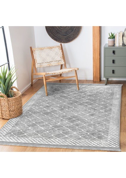 Gri - Beyaz Zeminde Çerçeveli Motifli Geometrik Desenli Geometrik Sade & Şık Salon & Oturma Odası Mutfak Dijital Baskılı Makinede Yıkanabilir Kaymaz Taban Saçaklı Halı modelleri