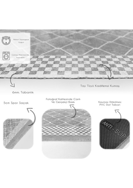 Gri - Beyaz Zeminde Çerçeveli Motifli Geometrik Desenli Geometrik Sade & Şık Salon & Oturma Odası Mutfak Dijital Baskılı Makinede Yıkanabilir Kaymaz Taban Saçaklı Halı fırsatları
