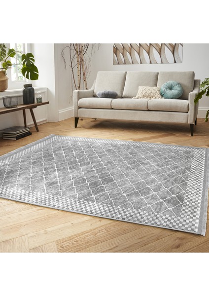 Gri - Beyaz Zeminde Çerçeveli Motifli Geometrik Desenli Geometrik Sade & Şık Salon & Oturma Odası Mutfak Dijital Baskılı Makinede Yıkanabilir Kaymaz Taban Saçaklı Halı indirimleri