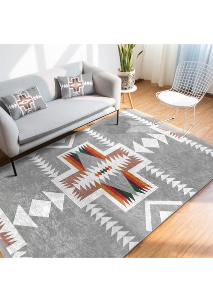 Gri Zeminde Yöresel Motifli Antik Desenli Vintage Etnik Motifler Dijital Baskılı Makinede Yıkanabilir Kaymaz Taban Saçaklı Halı fiyatları