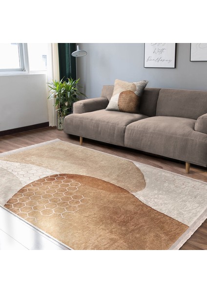 Kahverengi - Krem Zeminde Geometrik Motifli Kanvas Desenli Bohem Modern Dijital Baskılı Makinede Yıkanabilir Kaymaz Taban Saçaklı Halı