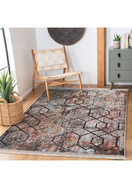 Eskitme Zeminde Geometrik Motifli Kanvas Desenli Eskitme Motifli Geometrik Baskılı Makinede Yıkanabilir Kaymaz Taban Saçaklı Halı