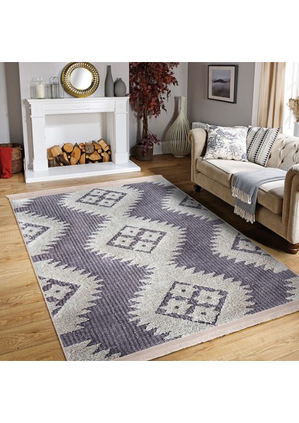 Gri Zeminde Baklava Motifli Kilim Desenli Bohem Dijital Baskılı Makinede Yıkanabilir Kaymaz Taban Saçaklı Halı fiyatları