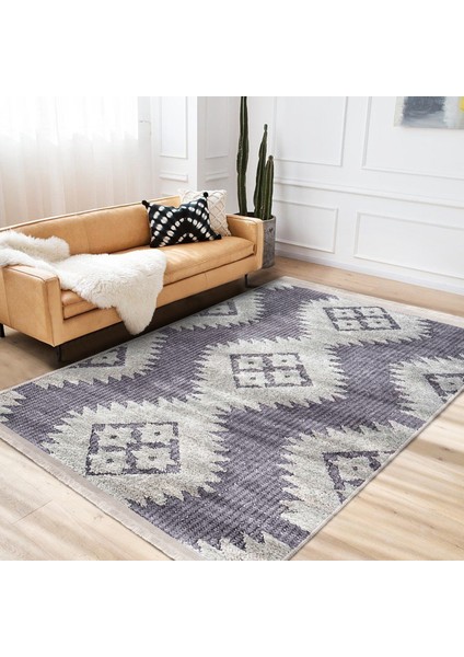 Gri Zeminde Baklava Motifli Kilim Desenli Bohem Dijital Baskılı Makinede Yıkanabilir Kaymaz Taban Saçaklı Halı indirimleri