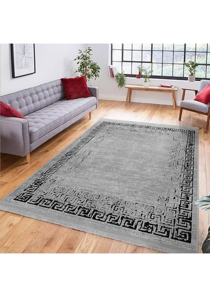 Gri - Siyah Zeminde Çerçeveli Motifli Eskitme Desenli Eskitme Motifli Geometrik Salon & Oturma Odası Yatak Odası Dijital Baskılı Makinede Yıkanabilir Kaymaz Taban Saçaklı Halı