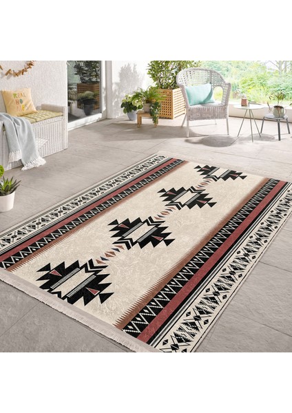 Ekru Zeminde Vintage Motifli Geleneksel Desenli Geometrik Etnik Motifler Dijital Baskılı Makinede Yıkanabilir Kaymaz Taban Saçaklı Halı modelleri