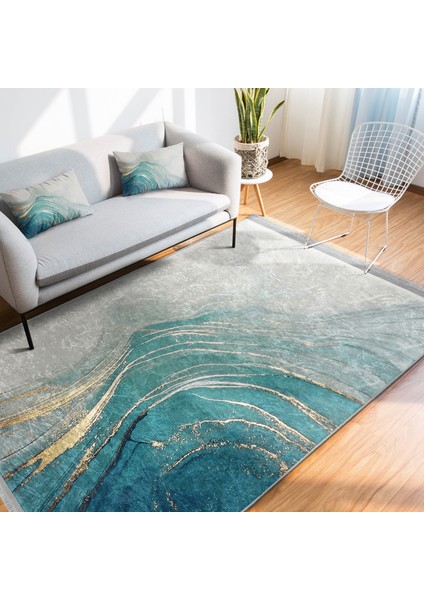 Mavi - Gold Zeminde Altın Motifli Mermer Desenli Modern Klasik Dış Mekan & Outdoor Banyo Dijital Baskılı Makinede Yıkanabilir Kaymaz Taban Saçaklı Halı