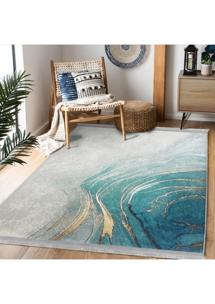 Mavi - Gold Zeminde Altın Motifli Mermer Desenli Modern Klasik Dış Mekan & Outdoor Banyo Dijital Baskılı Makinede Yıkanabilir Kaymaz Taban Saçaklı Halı fiyatları