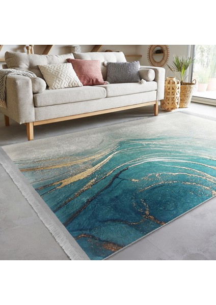 Mavi - Gold Zeminde Altın Motifli Mermer Desenli Modern Klasik Dış Mekan & Outdoor Banyo Dijital Baskılı Makinede Yıkanabilir Kaymaz Taban Saçaklı Halı indirimleri
