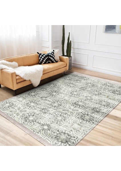 Krem - Gri Zeminde Antika Motifli Çiçek Desenli Vintage Dijital Baskılı Makinede Yıkanabilir Kaymaz Taban Saçaklı Halı fiyatları