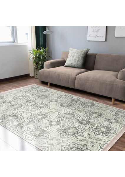 Krem - Gri Zeminde Antika Motifli Çiçek Desenli Vintage Dijital Baskılı Makinede Yıkanabilir Kaymaz Taban Saçaklı Halı modelleri