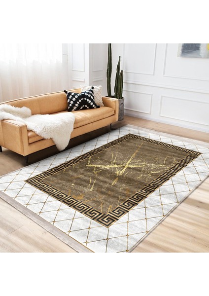 Beyaz- Gold Zeminde Çerçeveli Motifli Otantik Desenli Geometrik Klasik Dijital Baskılı Makinede Yıkanabilir Kaymaz Taban Saçaklı Halı