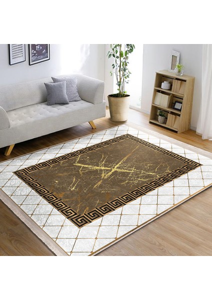 Beyaz- Gold Zeminde Çerçeveli Motifli Otantik Desenli Geometrik Klasik Dijital Baskılı Makinede Yıkanabilir Kaymaz Taban Saçaklı Halı