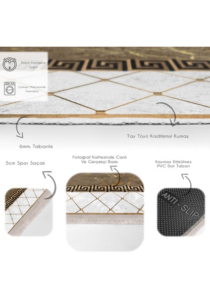 Beyaz- Gold Zeminde Çerçeveli Motifli Otantik Desenli Geometrik Klasik Dijital Baskılı Makinede Yıkanabilir Kaymaz Taban Saçaklı Halı