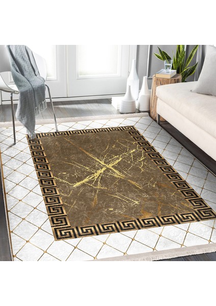 Beyaz- Gold Zeminde Çerçeveli Motifli Otantik Desenli Geometrik Klasik Dijital Baskılı Makinede Yıkanabilir Kaymaz Taban Saçaklı Halı