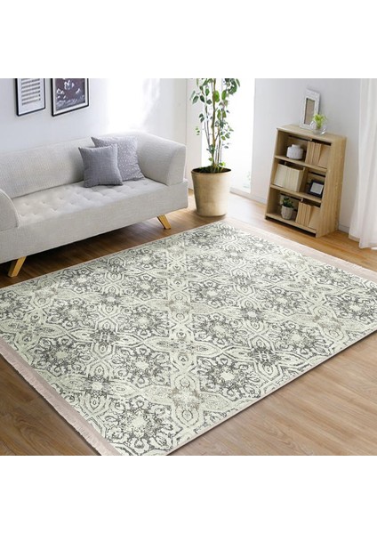 Krem - Gri Zeminde Antika Motifli Çiçek Desenli Vintage Dijital Baskılı Makinede Yıkanabilir Kaymaz Taban Saçaklı Halı indirimleri
