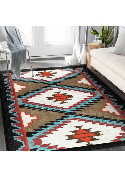 Krem - Ekru Zeminde Kilim Motifli Geleneksel Desenli Geometrik Etnik Motifler Dijital Baskılı Makinede Yıkanabilir Kaymaz Taban Saçaklı Halı fiyatları