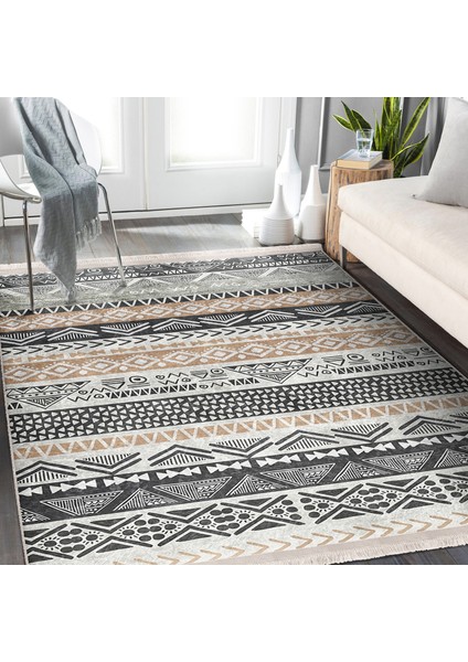 Krem - Gri Zeminde Iskandinav Motifli Kilim Desenli Geometrik Etnik Motifler Dijital Baskılı Makinede Yıkanabilir Kaymaz Taban Saçaklı Halı