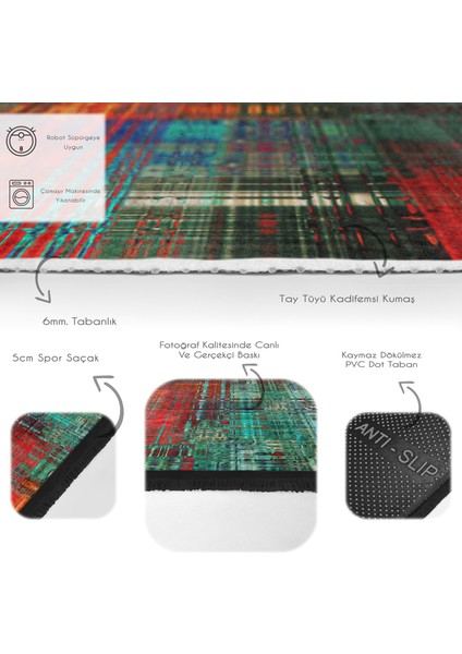 Çok Renkli Zeminde Yağlı Boya Motifli Modern Sanat Desenli Modern Klasik Dijital Baskılı Makinede Yıkanabilir Kaymaz Taban Saçaklı Halı